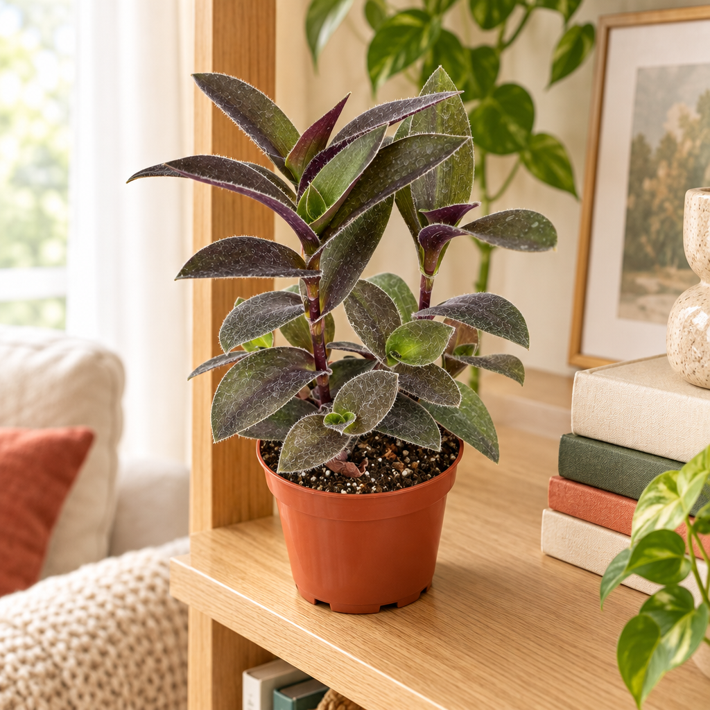 Tradescantia Pale Puma in 4-inch nursery pot on bright indoor shelf