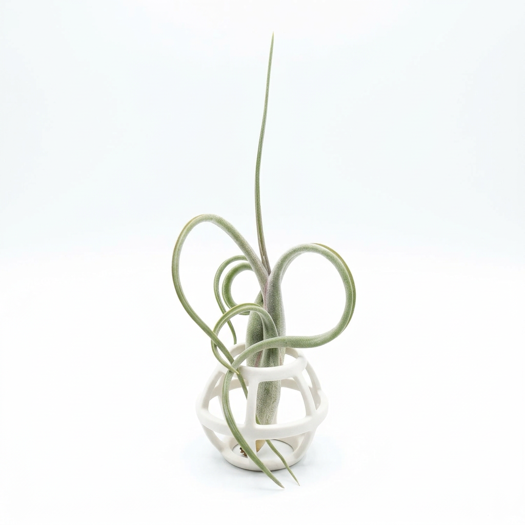 Tillandsia intermedia air plant in an open white ceramic holder; holder sold separately