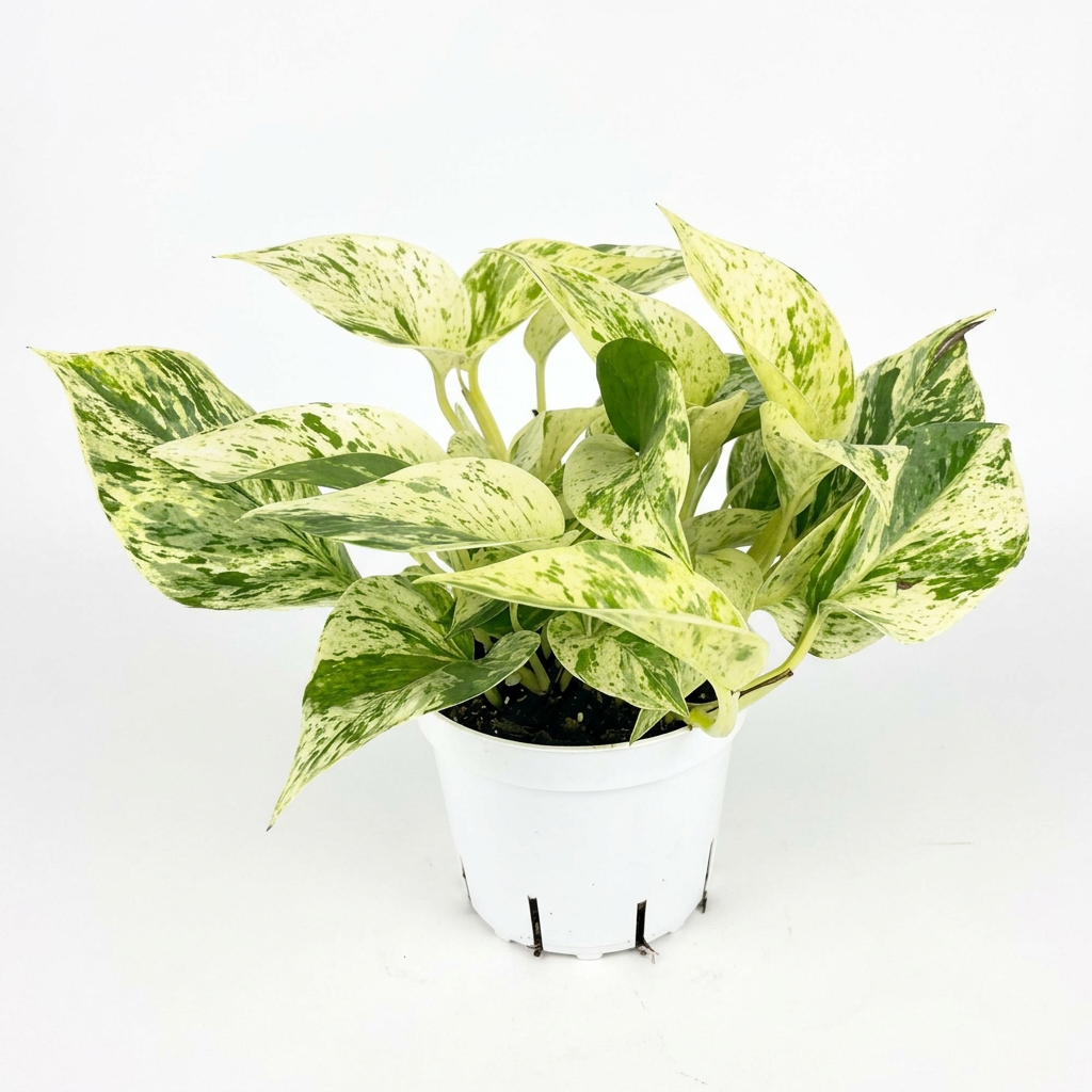Snow Queen Pothos with cream-and-green marbled leaves in a white 4-inch nursery pot on a white background