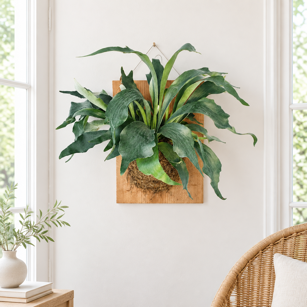 XL mounted Staghorn Fern on a wooden plaque displayed on a bright sunroom wall