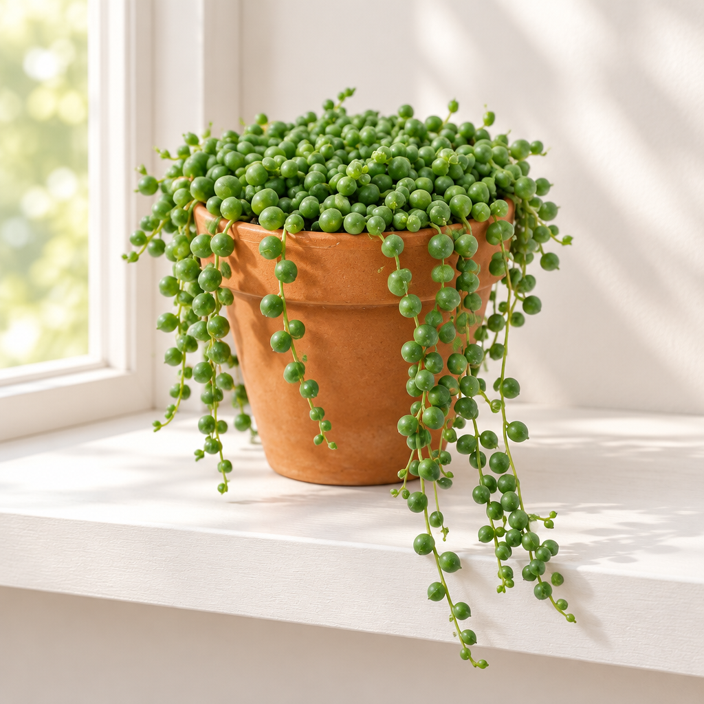 String of Pearls succulent in warm orange terracotta on a bright indoor windowsill with trailing green pearl leaves