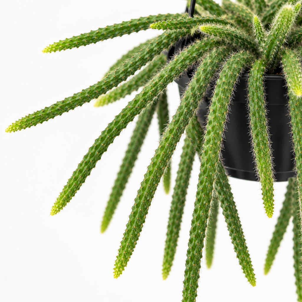 Close view of the fine spines on the green ribbed stems of a Rat Tail Cactus