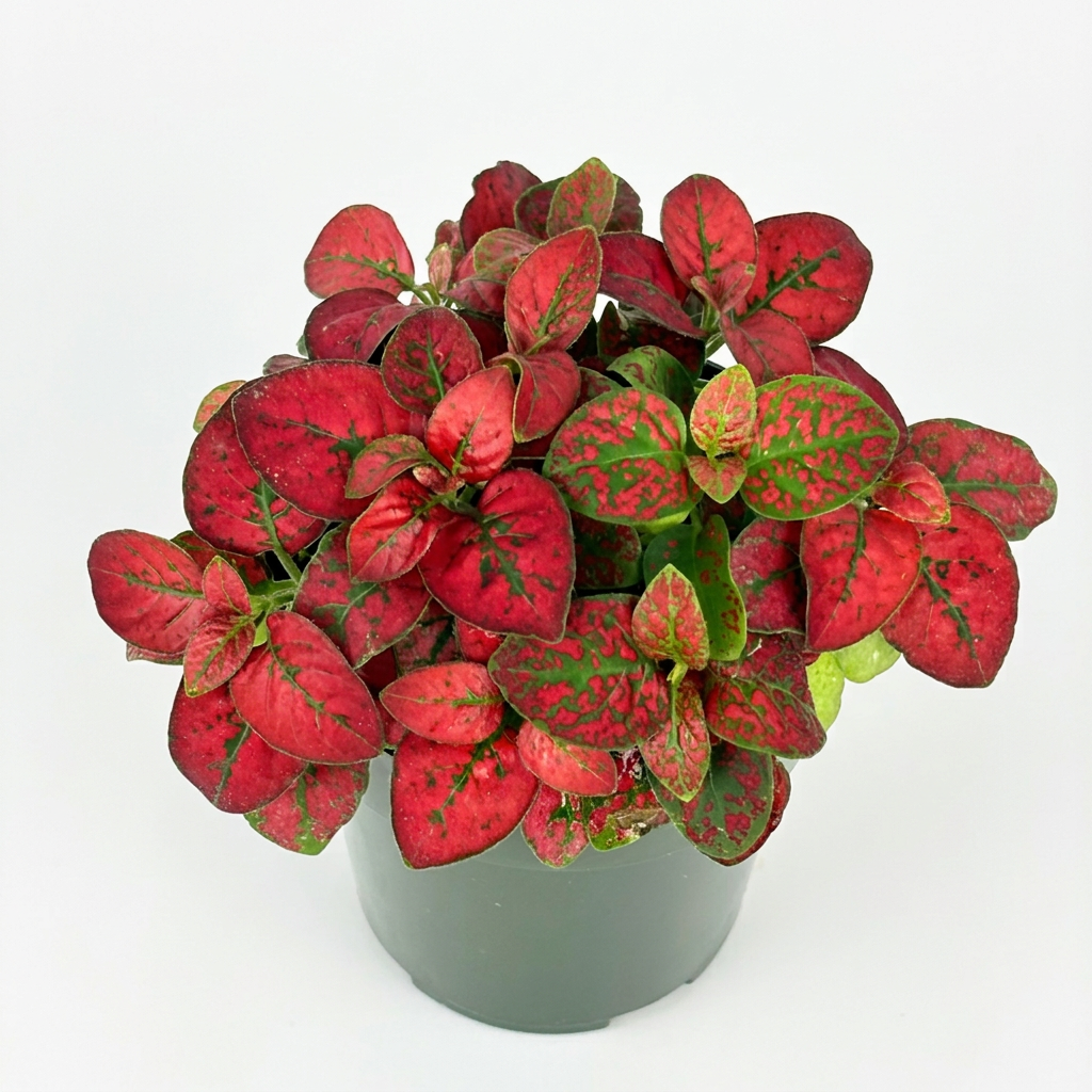 Hypoestes Red Splash with red and green patterned leaves in a green-gray 3.5-inch nursery grow pot on a white studio background; plant size and fullness vary