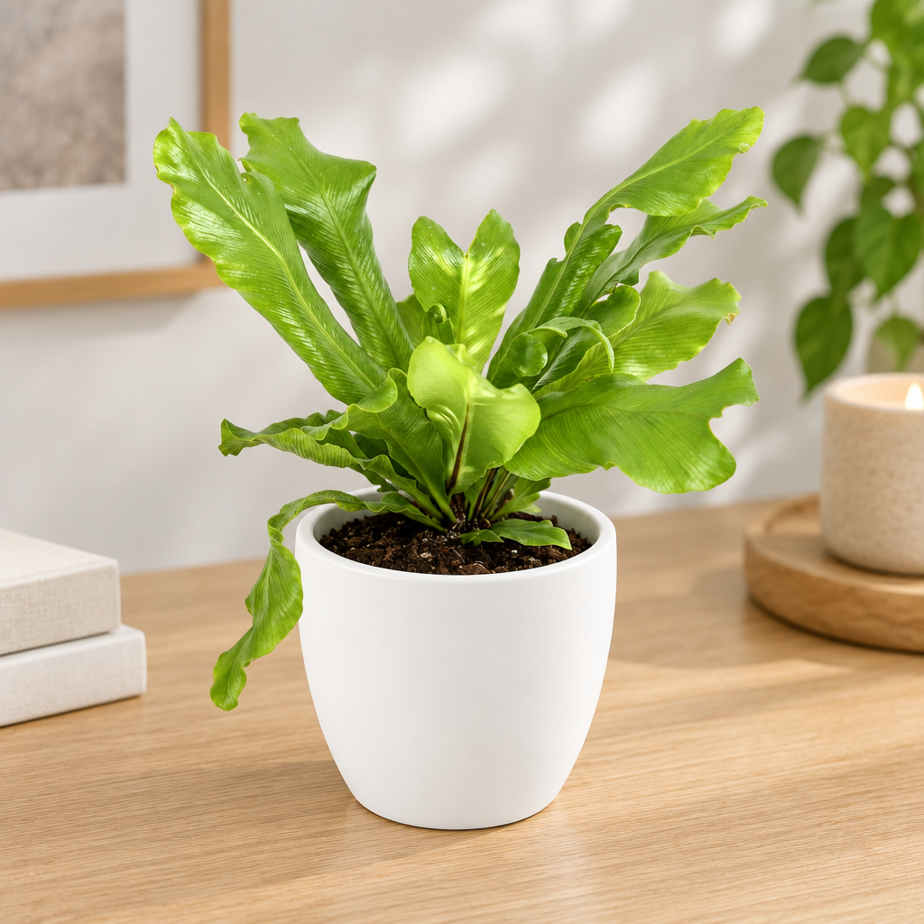 Bird's Nest Fern styled in white Basel 4.7-inch decorative planter; planter sold separately