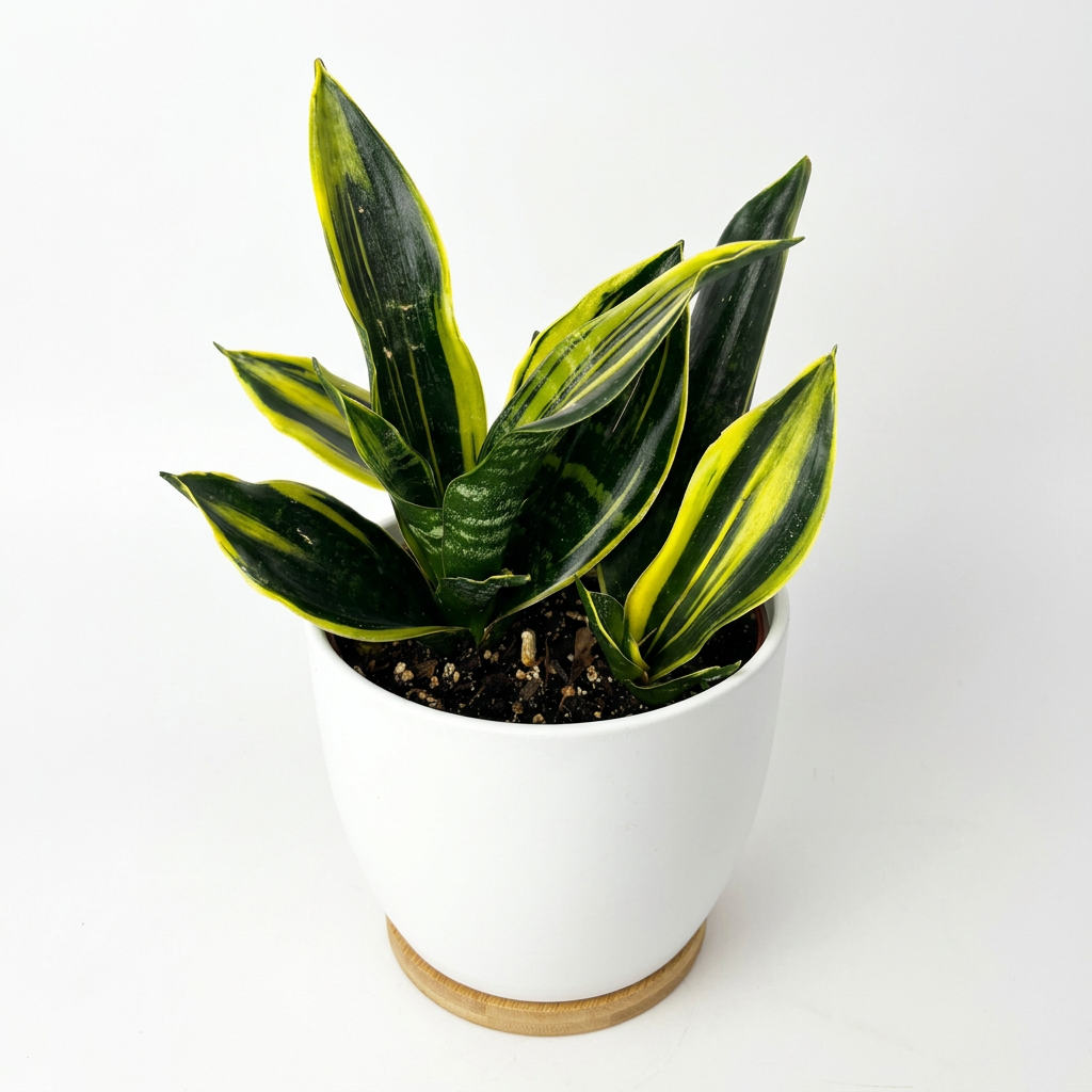 Gold Flame Snake Plant styled in a white BASEL decorative planter, sold separately