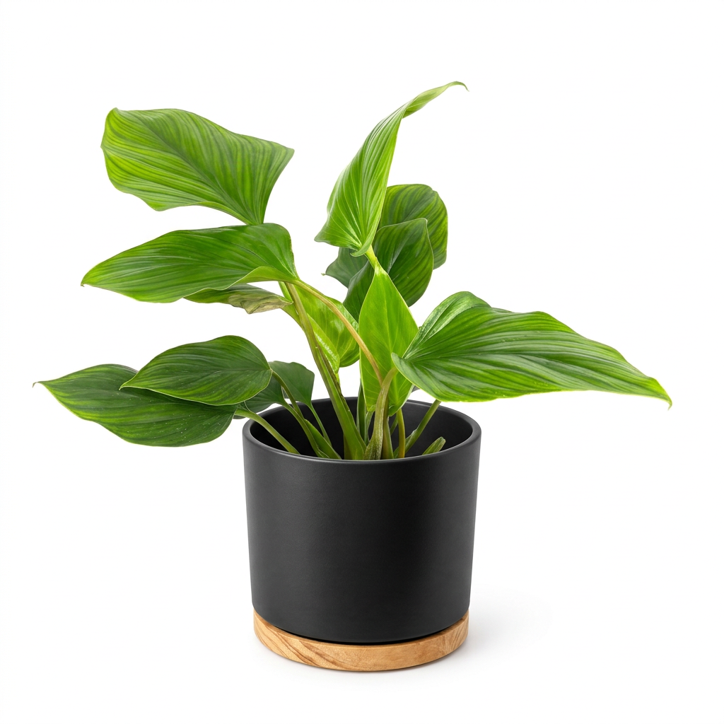 Homalomena Queen of Hearts styled in a black OSLO planter on a white background; decorative planter sold separately