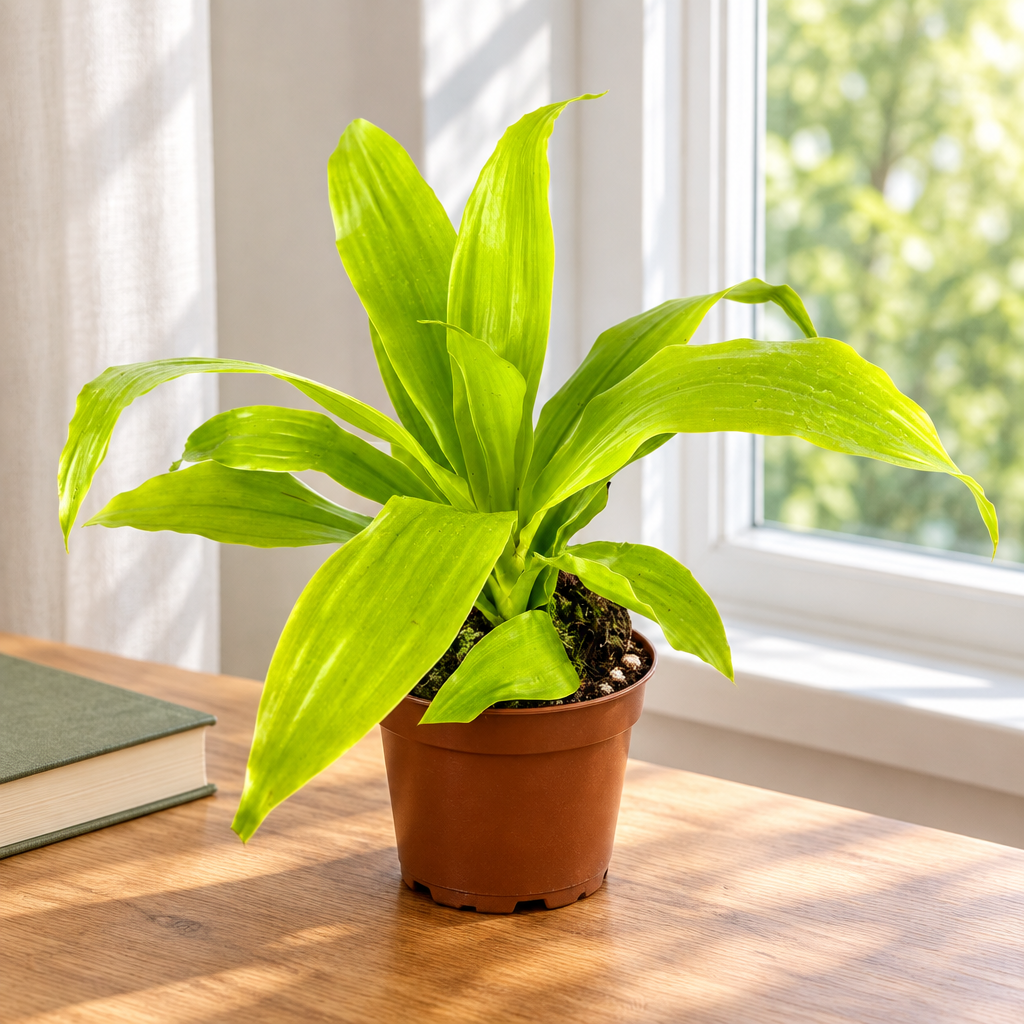 Dracaena Limelight in nursery pot on bright indoor tabletop by a window