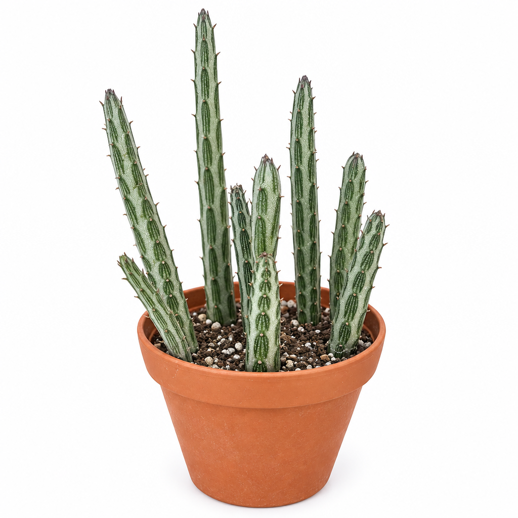 Pickle Plant directly planted in a warm terracotta pot on white