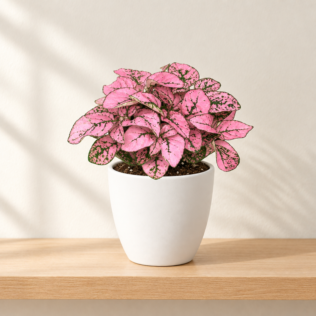 Pink Splash polka dot plant styled with white Basel 4.7-inch planter; planter sold separately