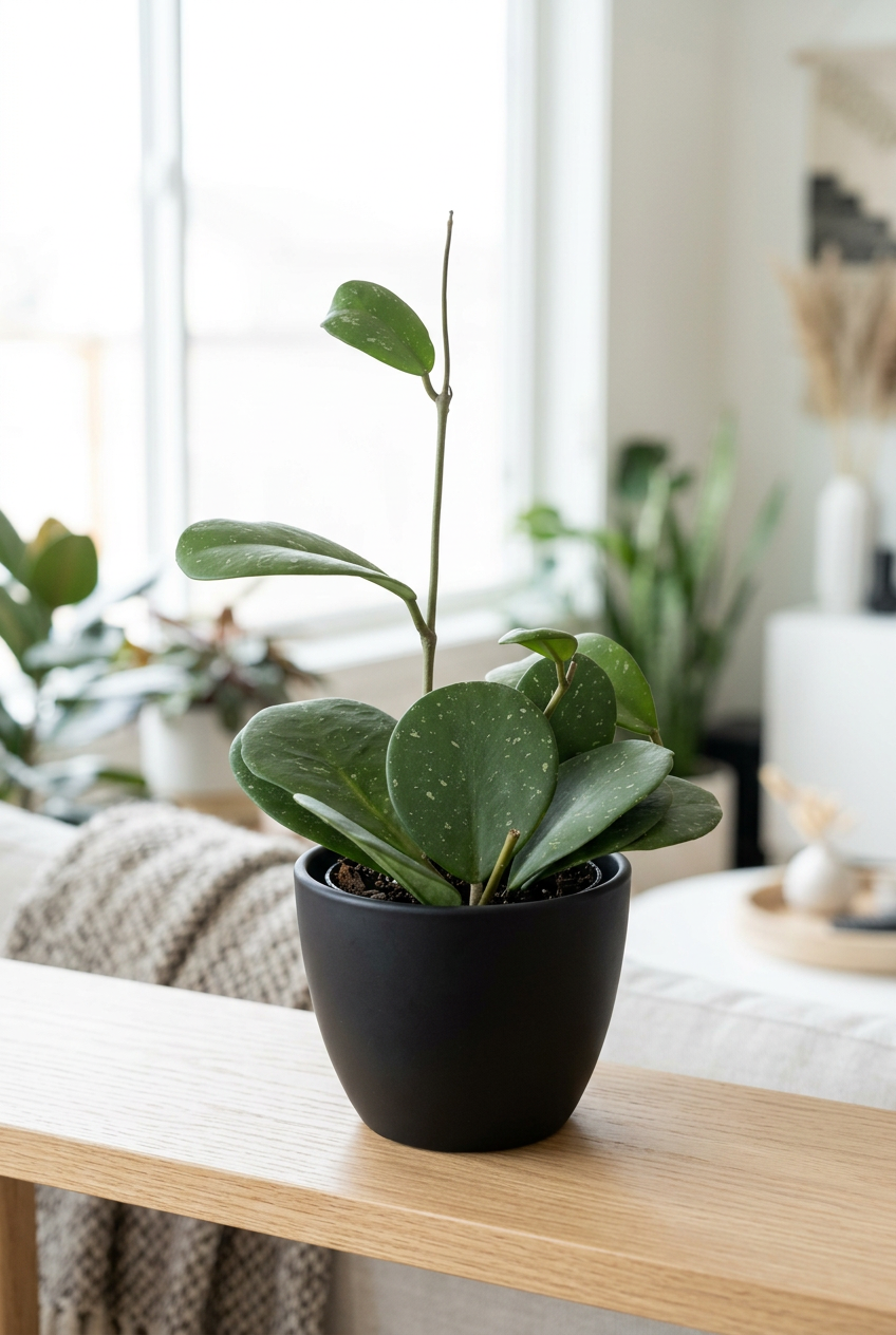 Hoya obovata in a black BASEL planter on a wooden shelf beside a bright indoor window; decorative planter sold separately.