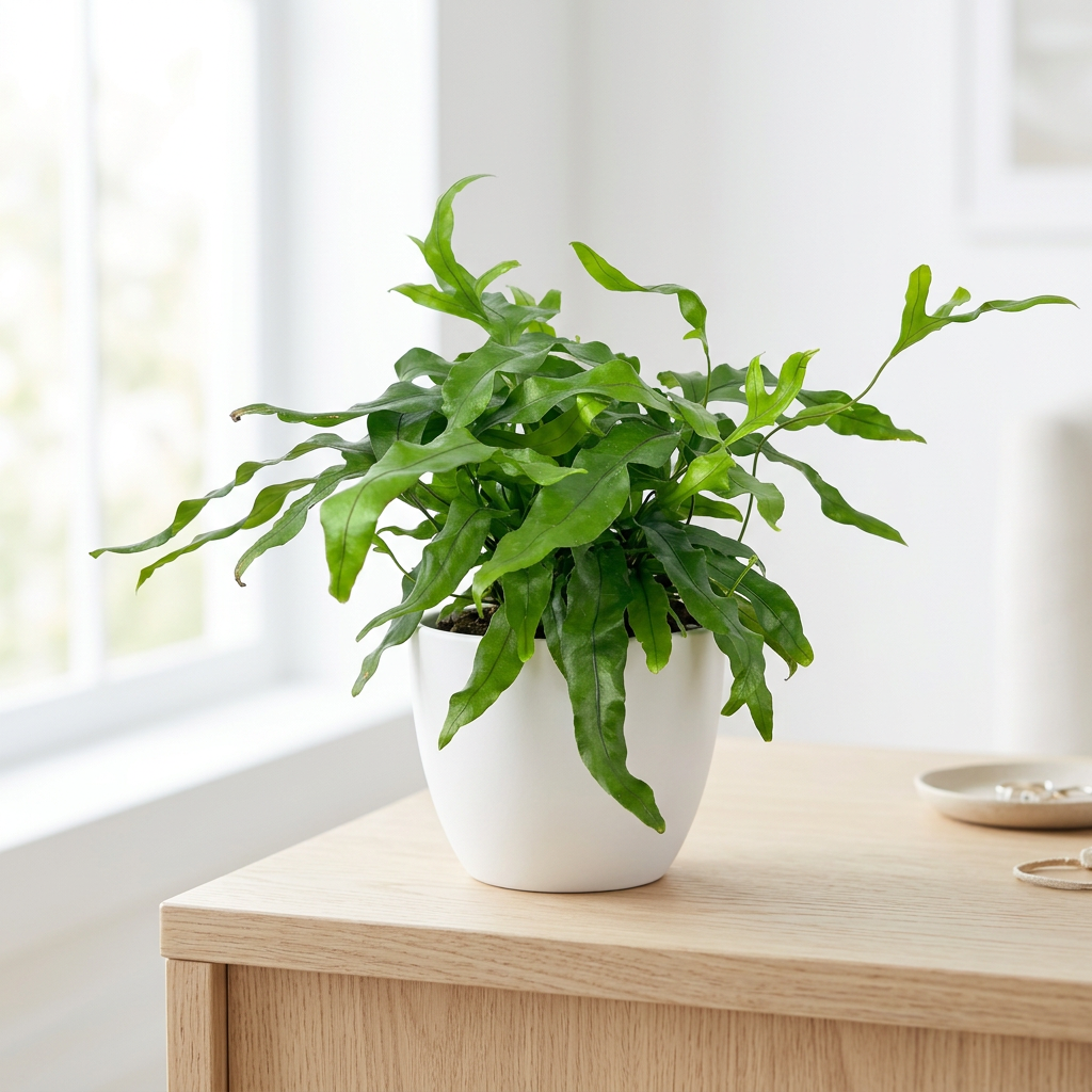 Kangaroo Paw Fern near a bright indoor window in a white BASEL planter; decorative planter sold separately