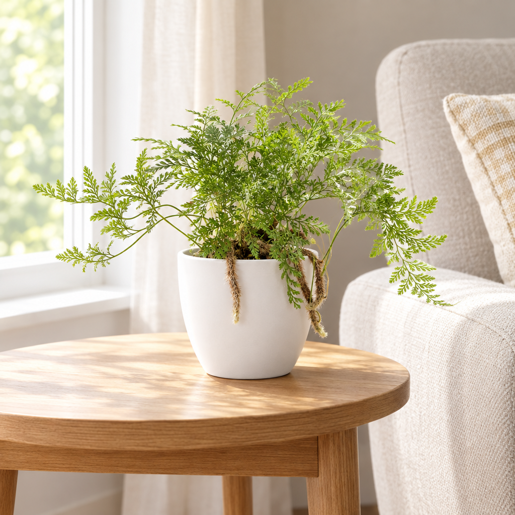 Rabbit’s Foot Fern in separately sold white Basel planter on a living room side table