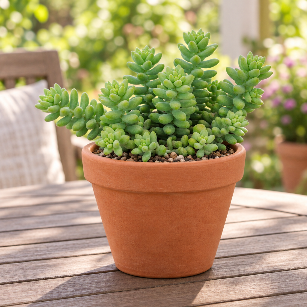 Donkey Tail Sedum resting on a patio table, decorative terracotta pot not included