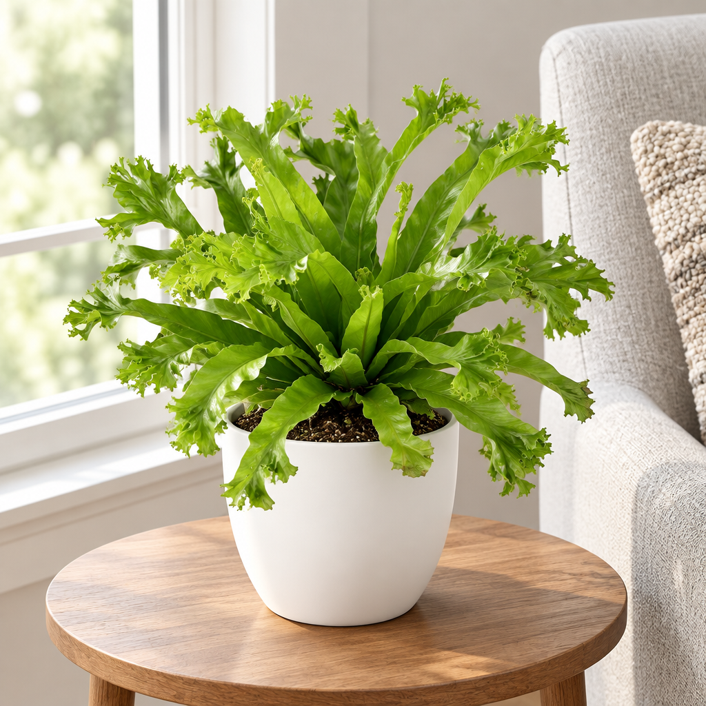 Crissie bird’s nest fern styled in separately sold white Basel planter in a living room