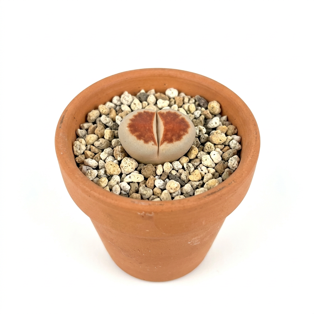 One Lithops Top Red head styled in terracotta against white; decorative pot sold separately