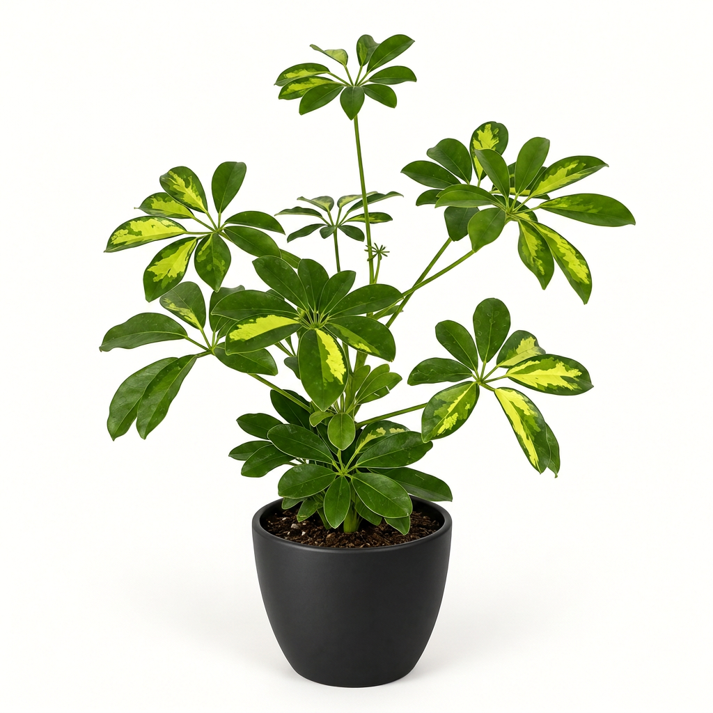 Young Gold Capella umbrella tree with green-and-yellow variegated leaflets styled in a black BASEL 4.7-inch planter; decorative planter sold separately, plant ships in a 4-inch nursery grow pot