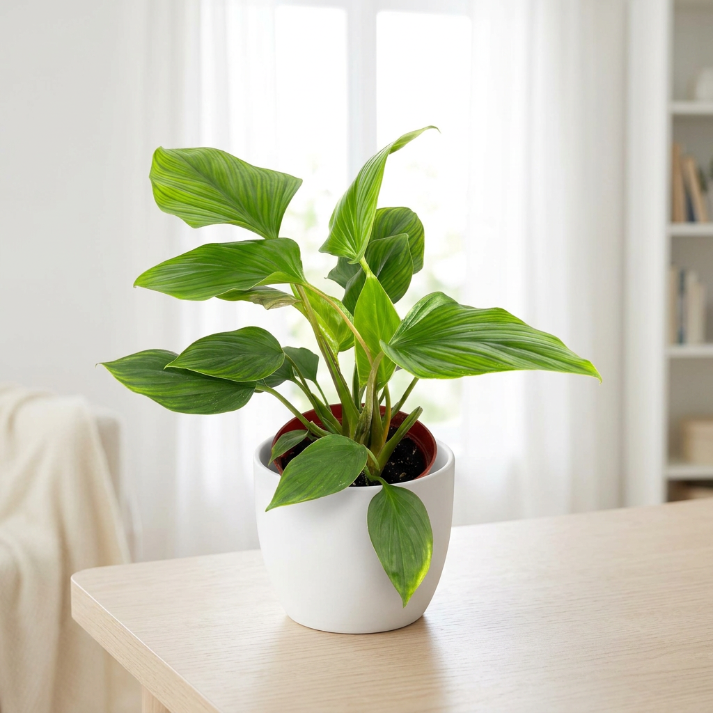 Homalomena Queen of Hearts styled near a bright indoor window in a white BASEL planter; decorative planter sold separately