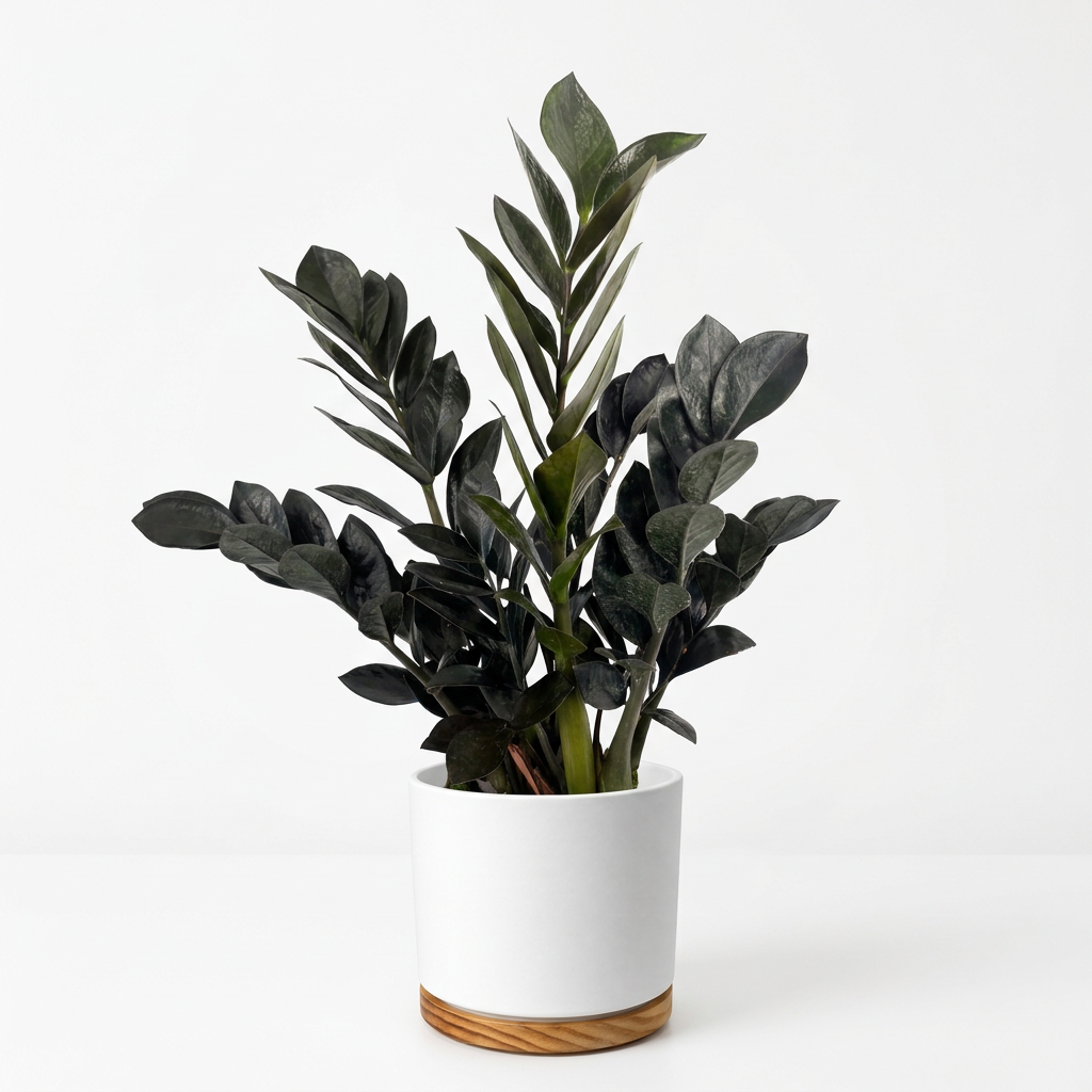 Raven ZZ plant styled in a white OSLO 6-inch planter with wood-grain base; decorative planter sold separately