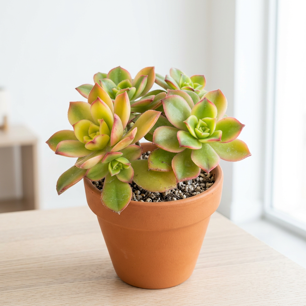 Aeonium Kiwi styled near a bright indoor window in a terracotta pot; decorative pot sold separately