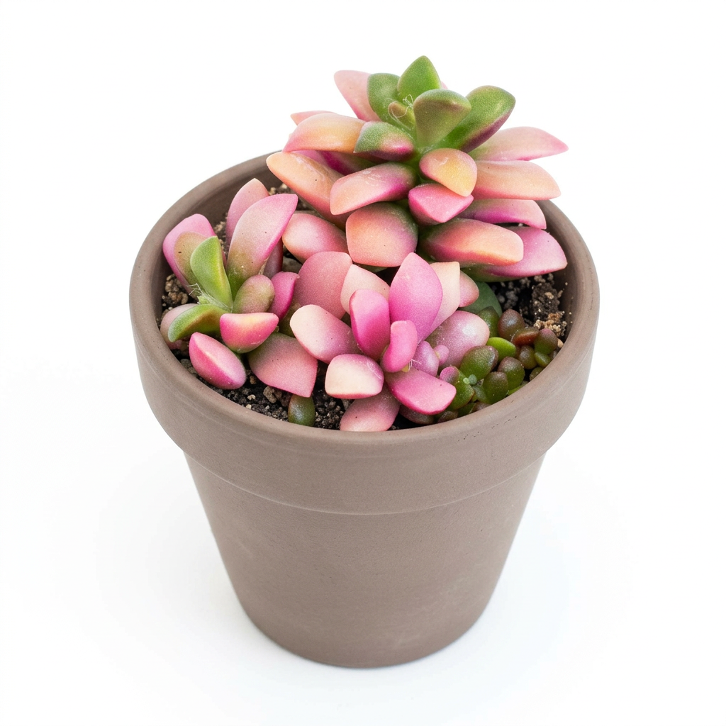 Anacampseros Sunrise styled in a taupe terracotta pot on a white background; decorative pot not included