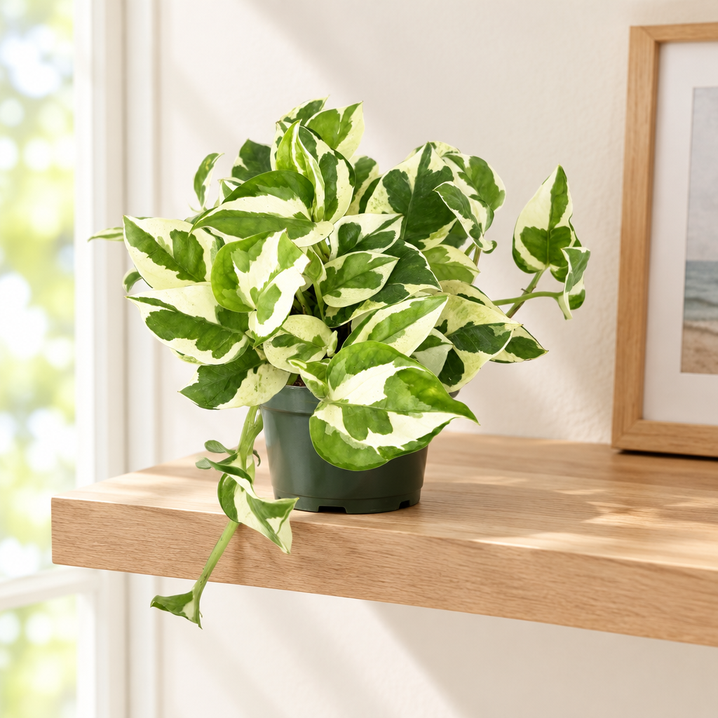 Pothos N’Joy in 4-inch nursery pot on a bright living room shelf