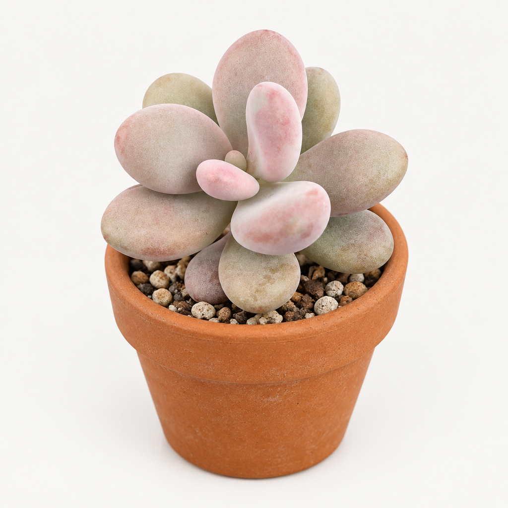 Pink Moonstone succulent styled in a warm terracotta pot, decorative pot not included