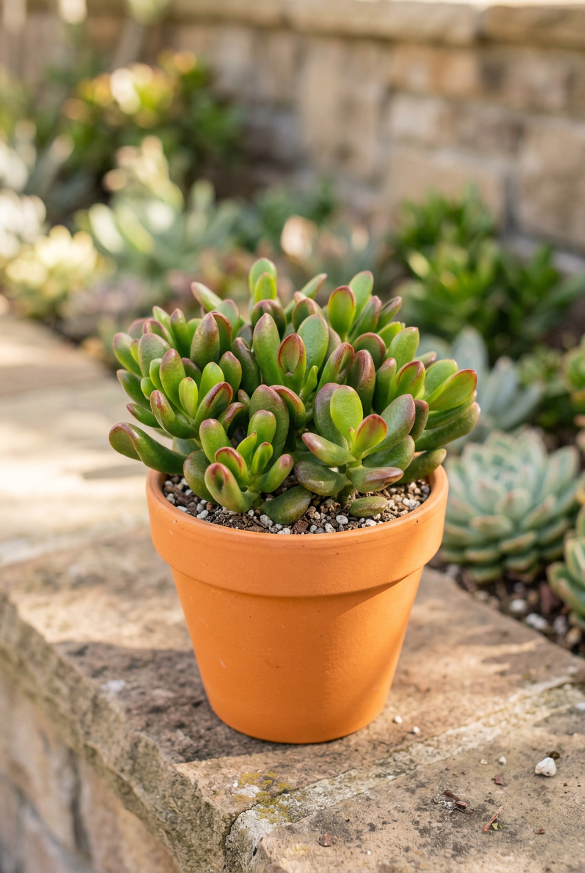 Hobbit Jade styled in terracotta on a stone ledge in a sheltered succulent garden patio; decorative pot sold separately.