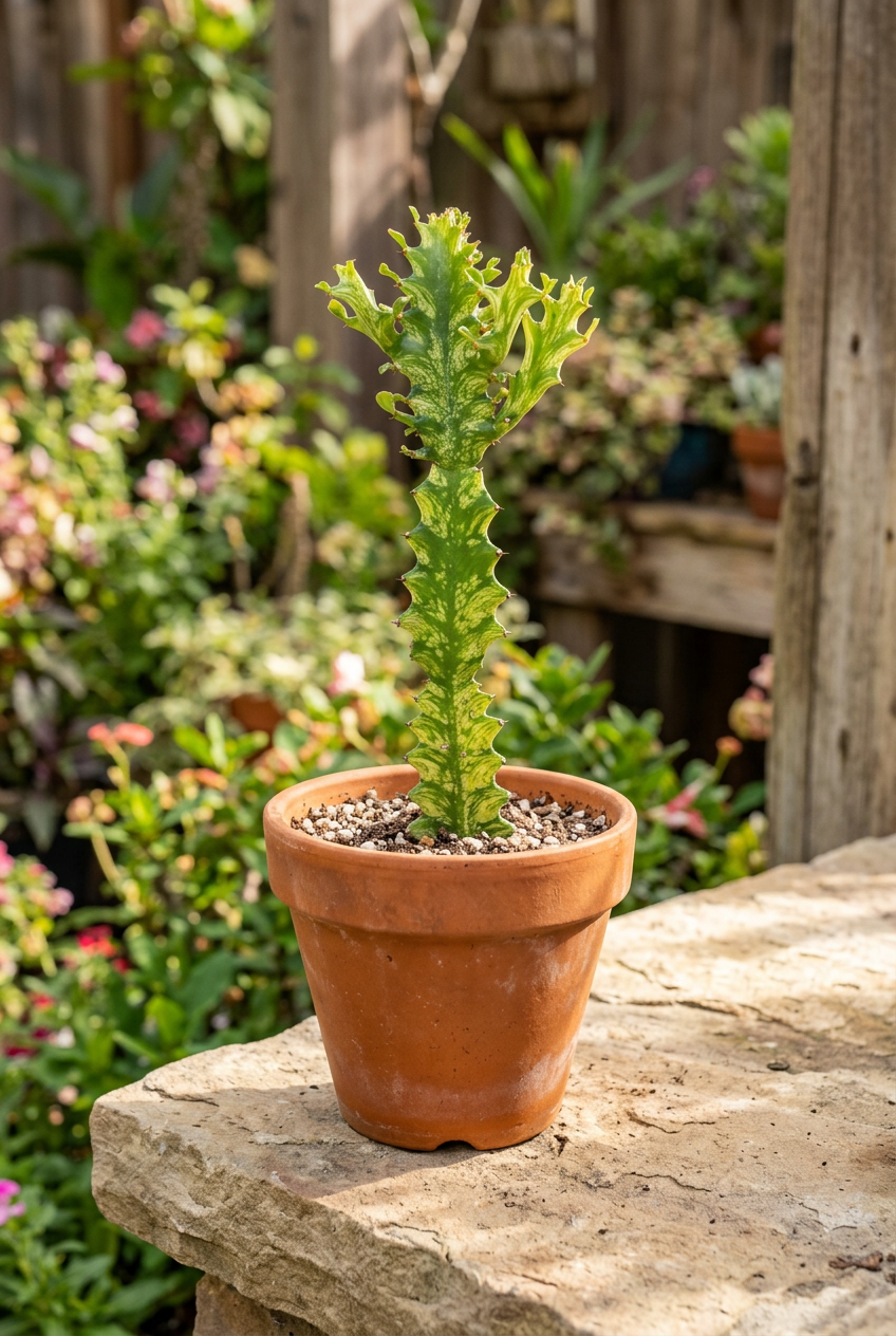 Variegated Euphorbia styled in terracotta on a stone ledge in a sheltered garden patio; decorative pot sold separately.