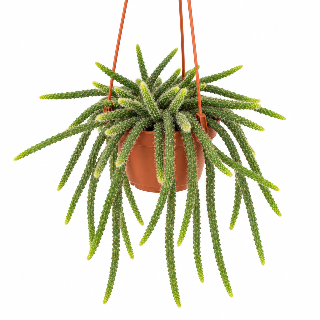 Rat Tail Cactus cascading directly from a terracotta hanging planter on white; decorative pot is a styling prop