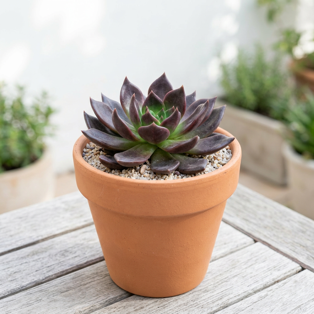 Echeveria Black Prince styled on a bright outdoor patio in a terracotta pot; decorative pot sold separately