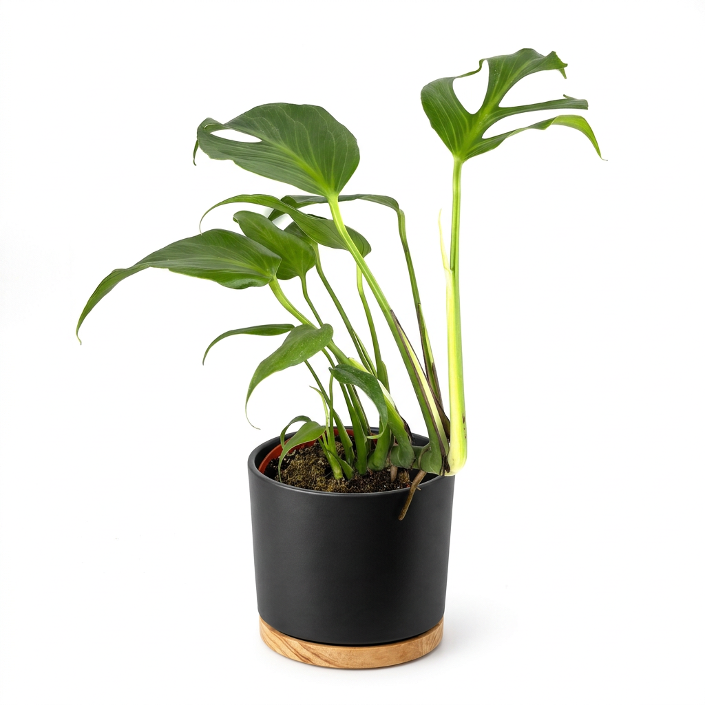 Monstera Burle Marx Flame styled in a black OSLO planter on white; decorative planter sold separately