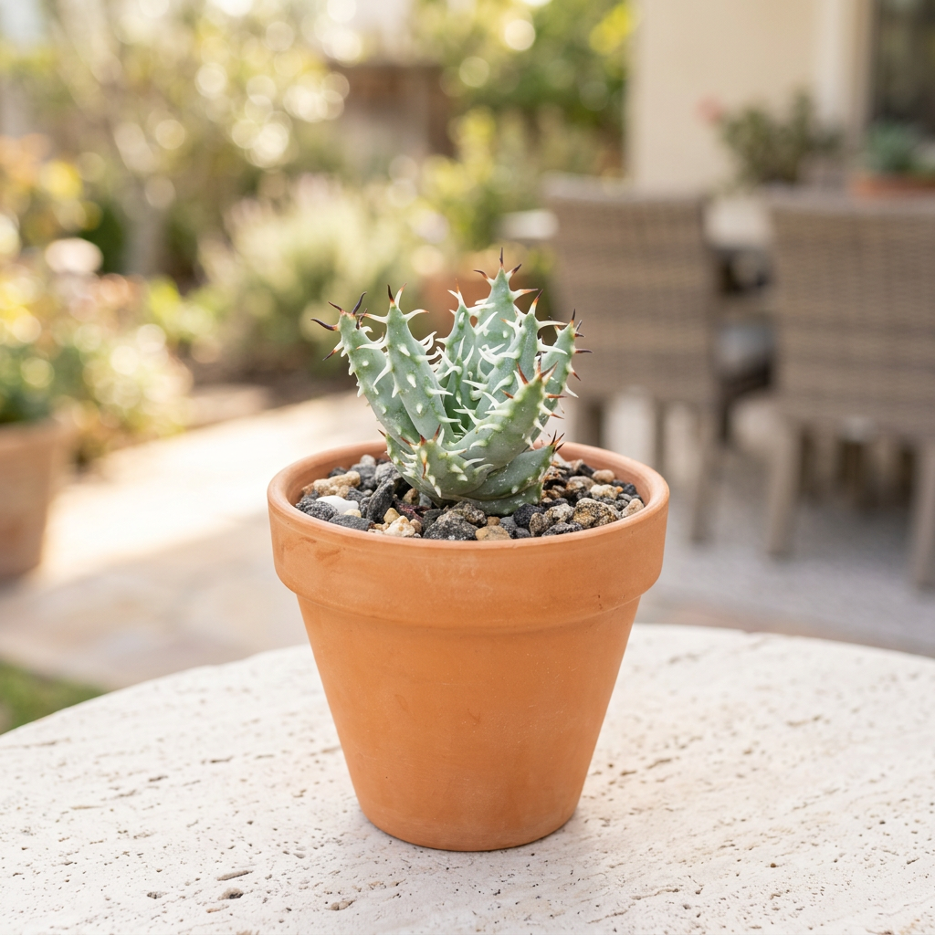 Aloe erinacea styled in a terracotta pot on an outdoor patio; terracotta pot not included