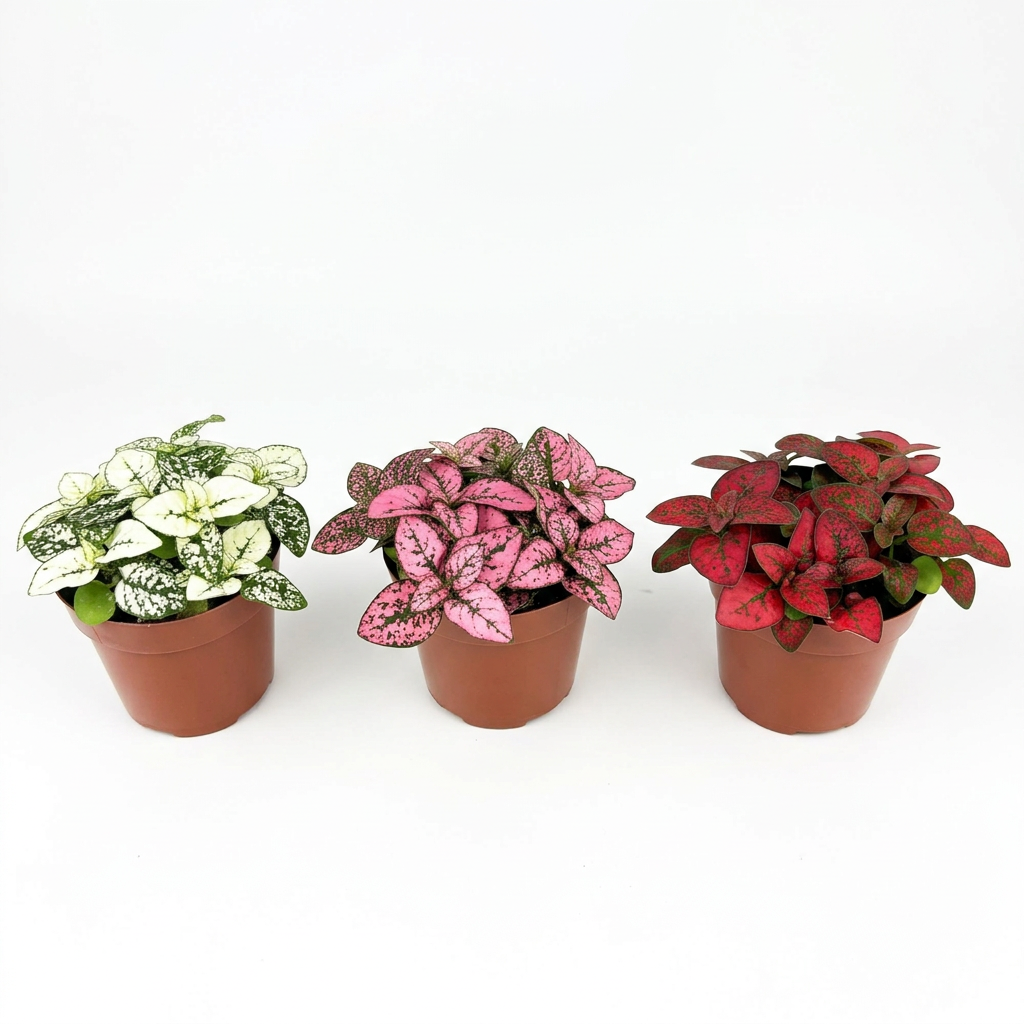 Three Hypoestes Splash plants, white, pink and red, in separate brown 3.5-inch nursery grow pots on a white studio background; natural leaf patterns and fullness vary