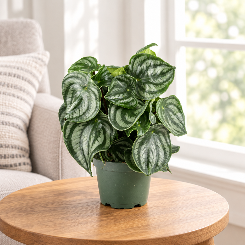 Watermelon Peperomia in a nursery grow pot on an indoor side table by a window