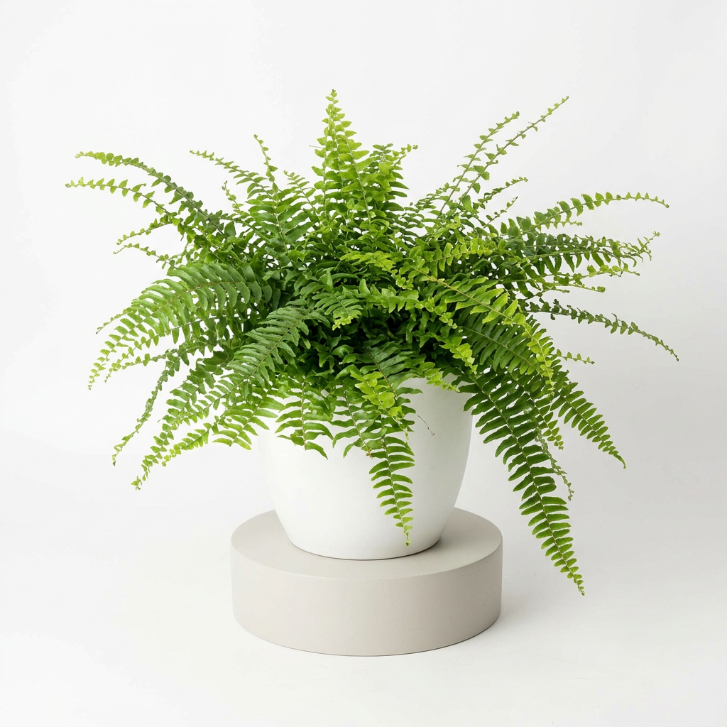 Boston Fern styled in a white BASEL decorative planter, sold separately