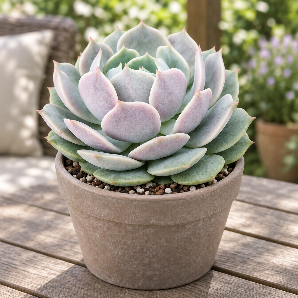 Echeveria Lola succulent in a taupe terracotta pot on a shaded patio table