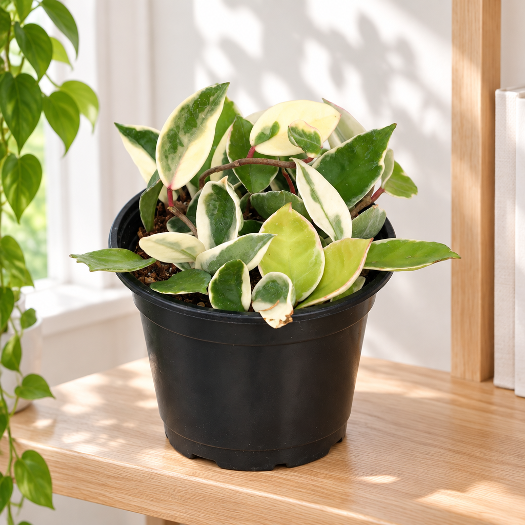 Hoya Krimson Queen in black nursery pot on an indoor shelf