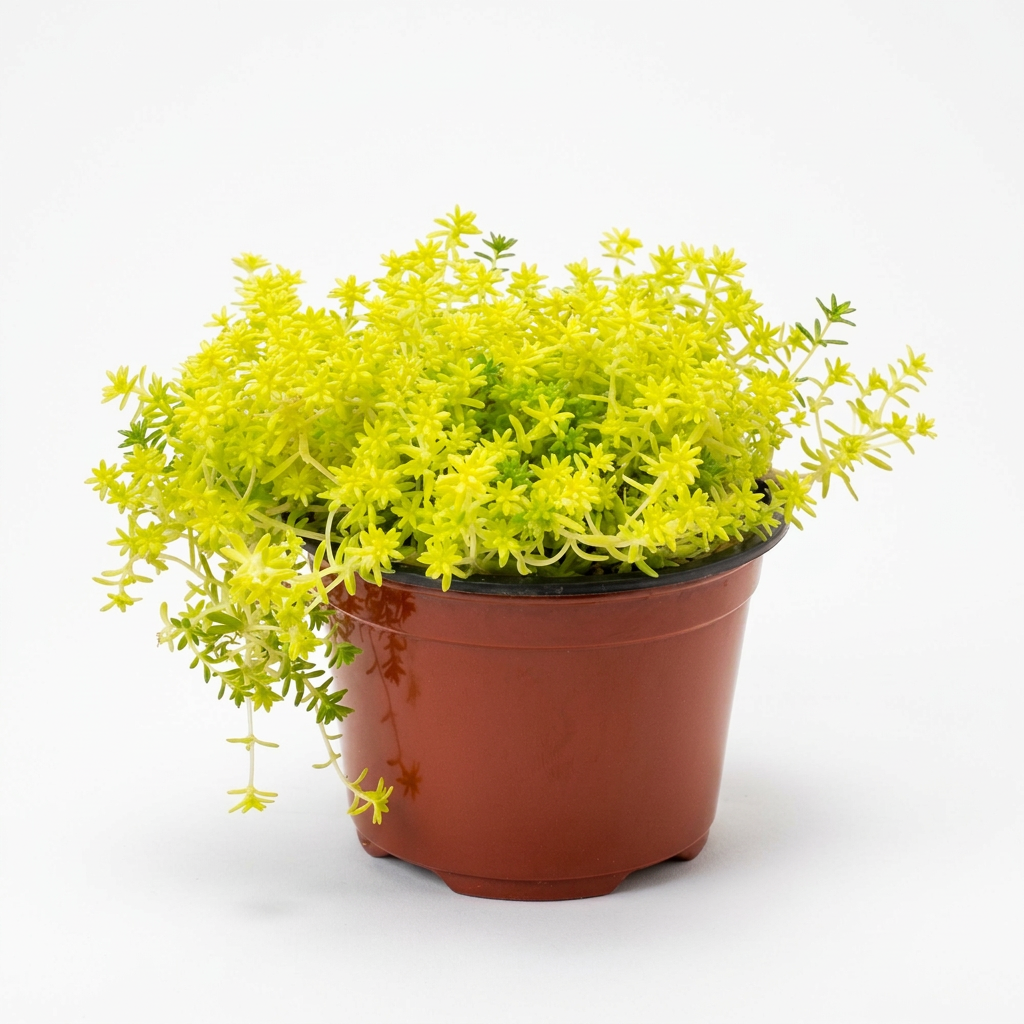 Sedum De Oro with vibrant yellow-gold foliage in a 4-inch nursery pot against a white studio background