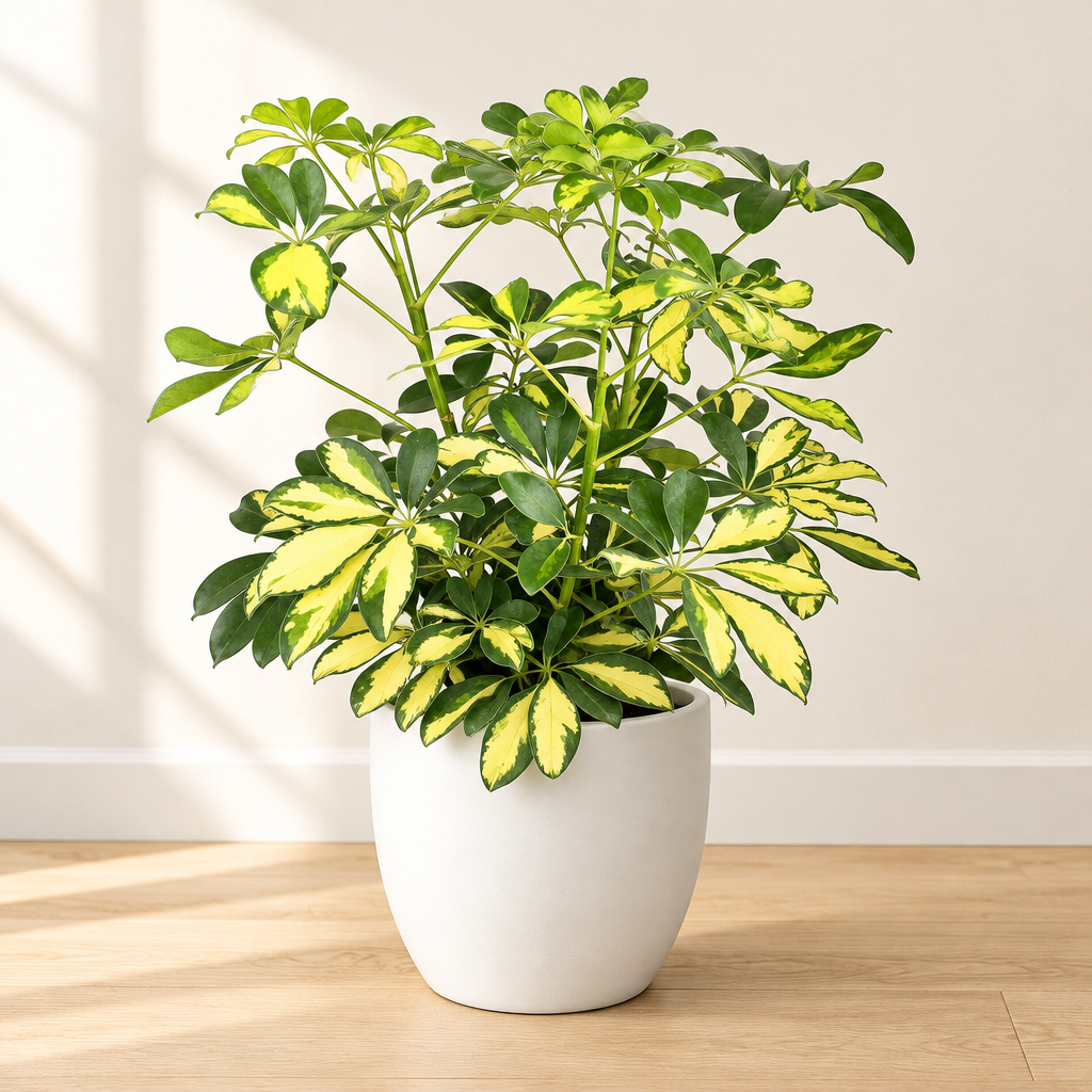 White Basel 6-inch planter styled with a variegated Gold Umbrella Tree indoors; plant sold separately