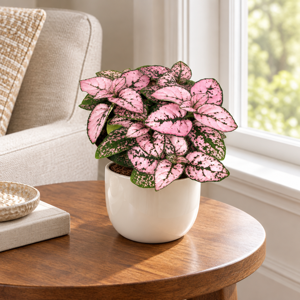 Rose Splash pink polka dot plant styled in a separate ivory cover pot on living room table
