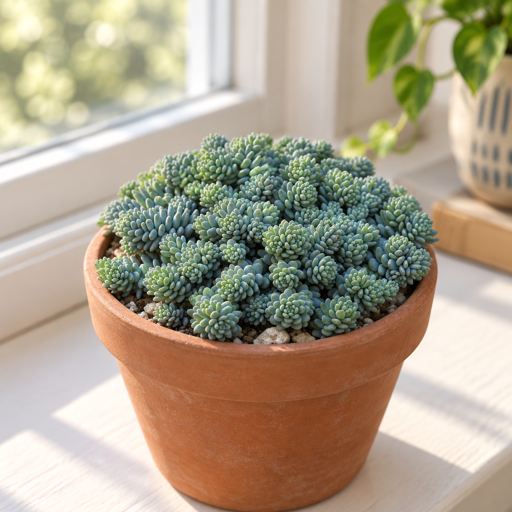 Blue Tear Sedum in a terracotta pot on a sunny windowsill, decorative pot not included
