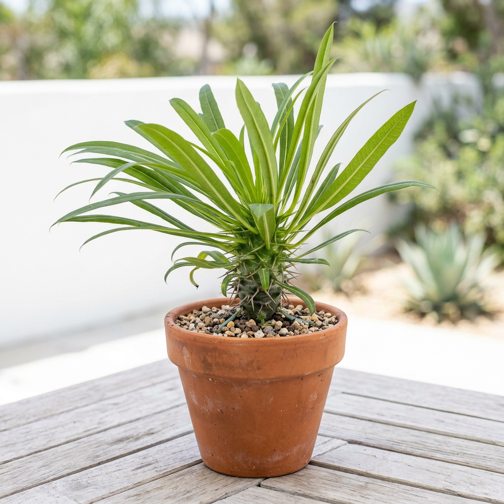 Young Madagascar Palm styled on a patio in terracotta; decorative pot sold separately
