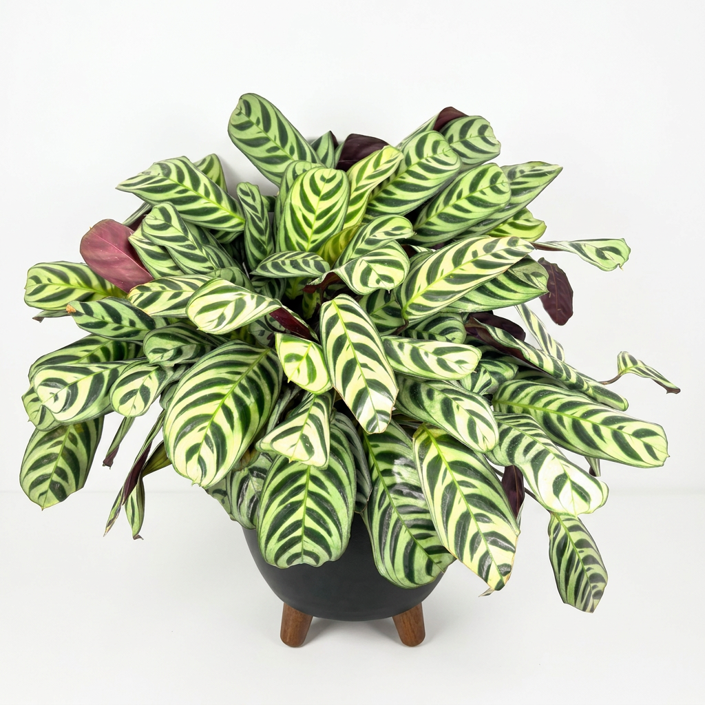Burle Marx Prayer Plant styled in a black BASEL decorative planter on a white background, planter sold separately