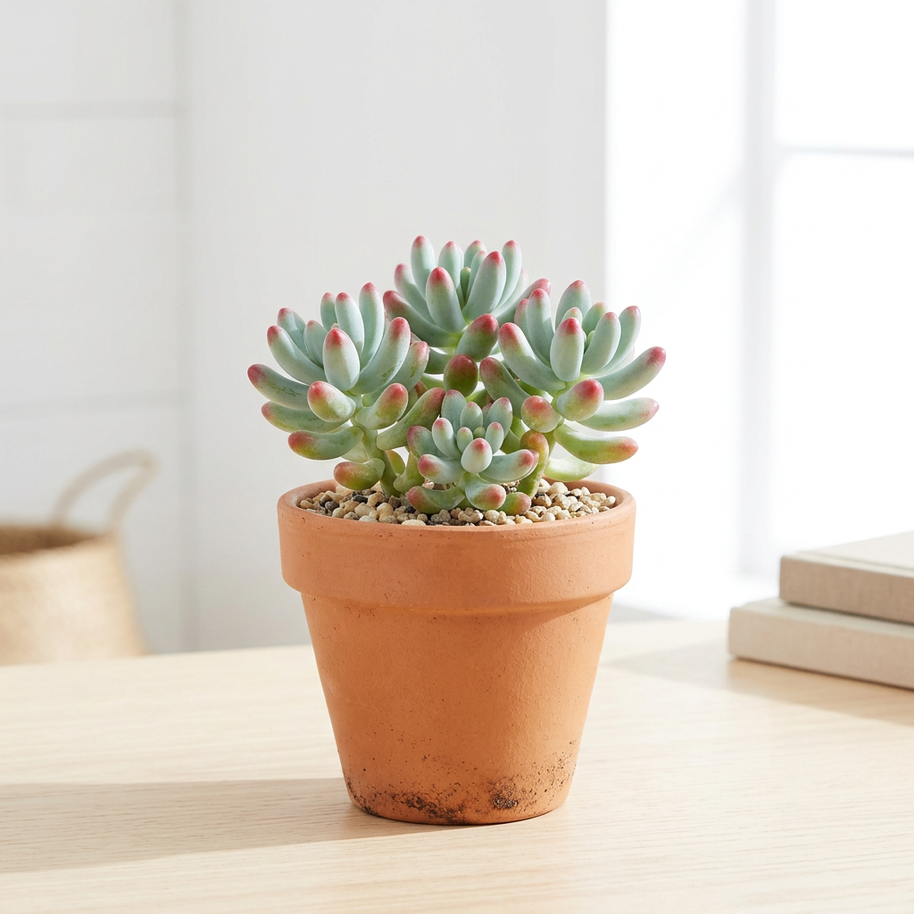 Pink Jellybean Sedum pachyphyllum styled near a bright indoor window in a terracotta pot; decorative pot sold separately