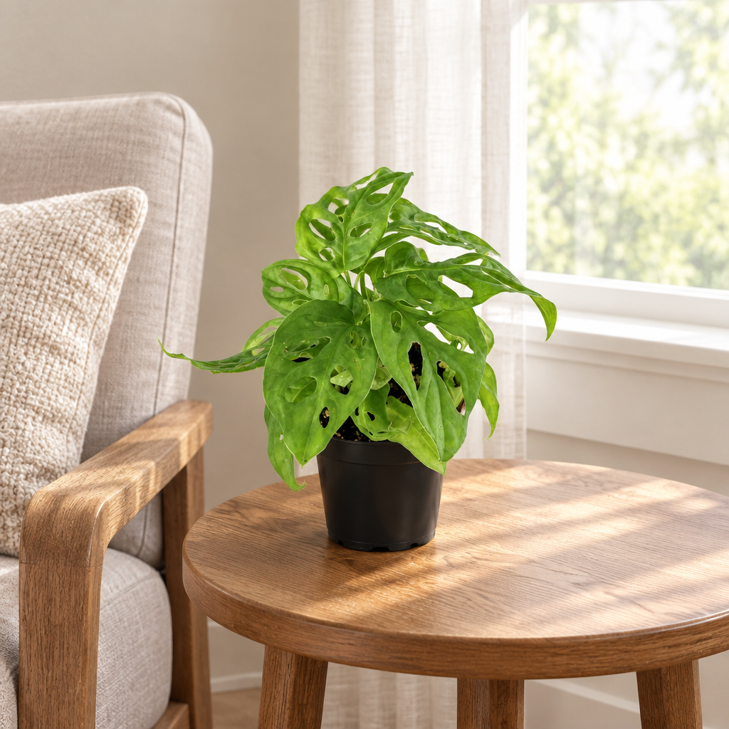 Swiss Cheese Plant Philodendron adansonii in nursery pot on a living room side table