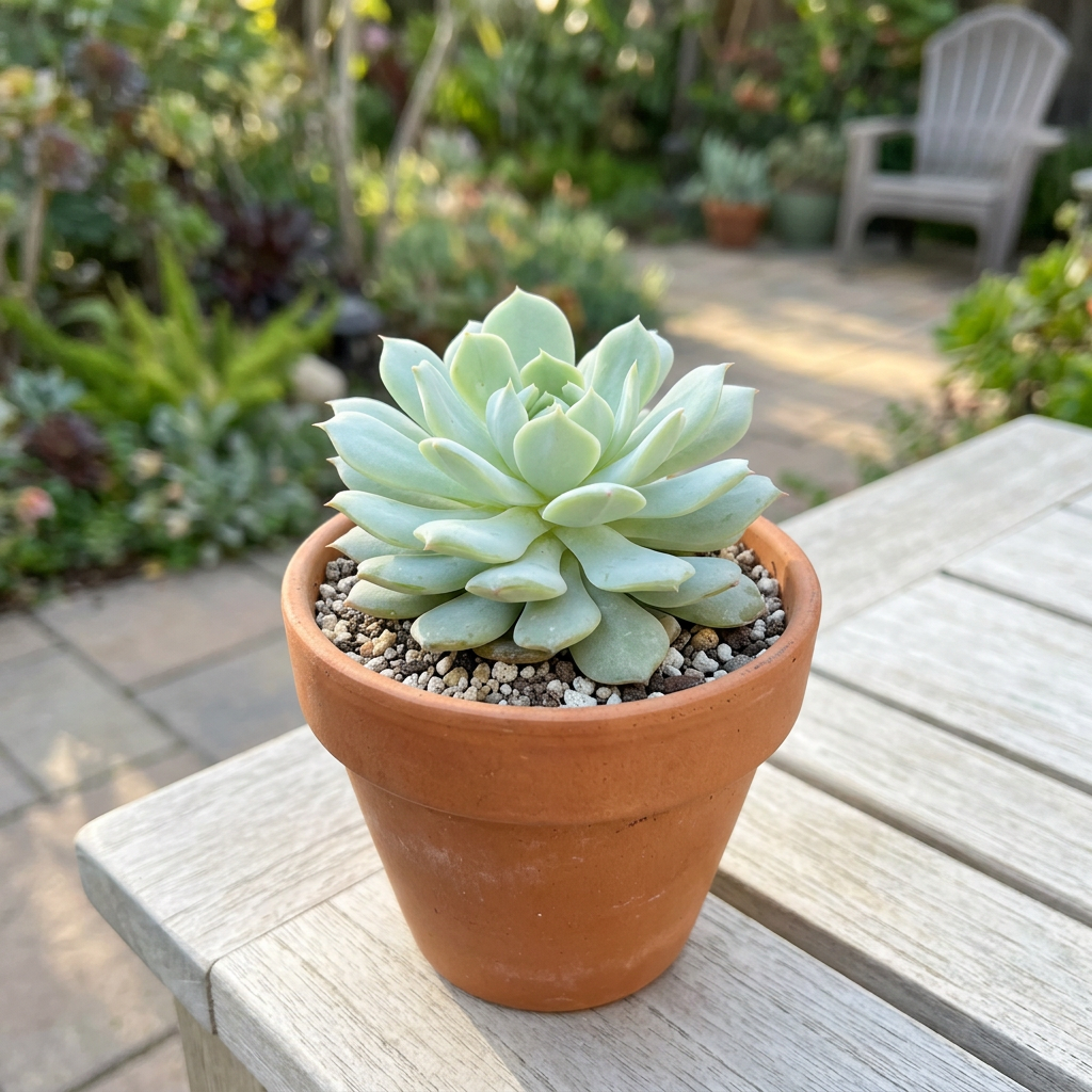 Echeveria Painted Lady styled in a terracotta pot on an outdoor patio table; decorative pot sold separately.