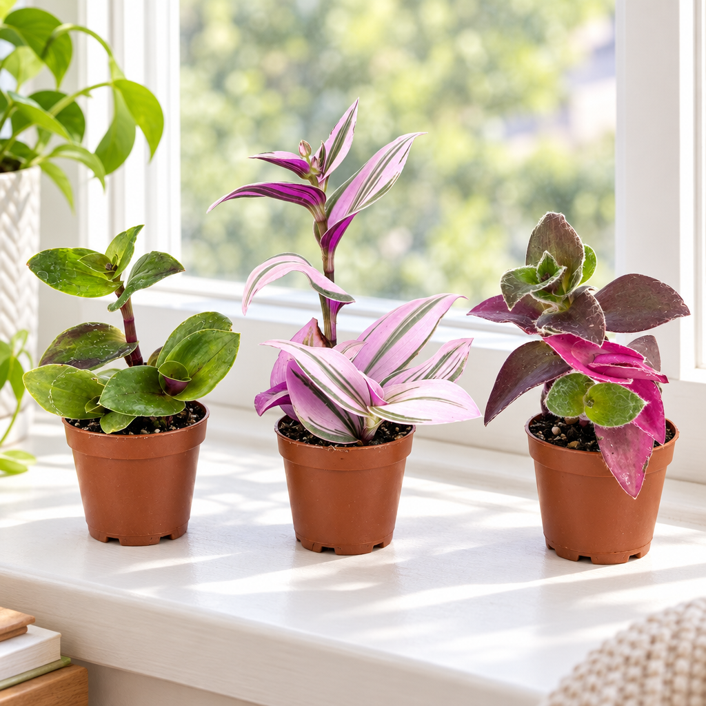 Three assorted Tradescantia plants in separate nursery pots on a bright windowsill