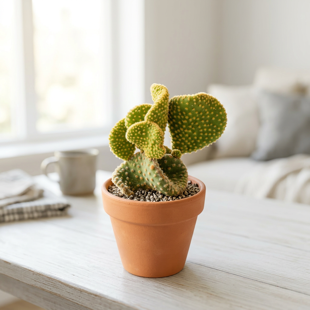 Funny Bunny crested cactus styled directly in terracotta beside a sunny indoor window; decorative pot sold separately.