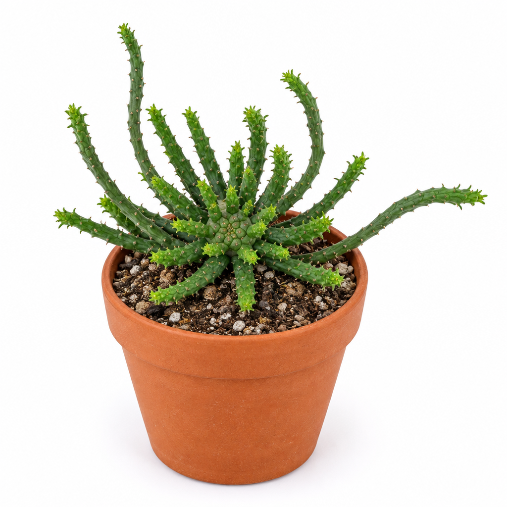 Medusa Head Euphorbia directly planted in a warm terracotta pot on white