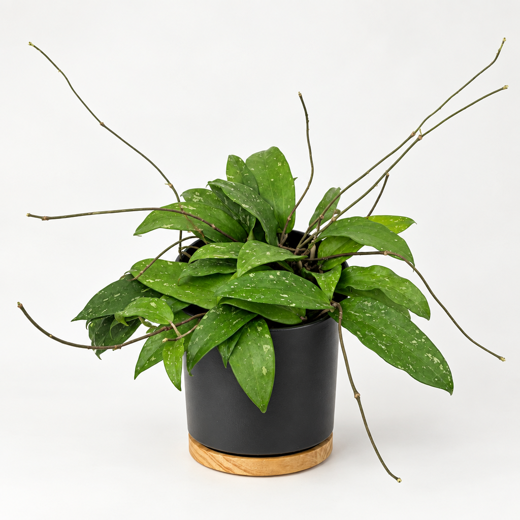 Hoya rigida with green speckled leaves and long vines styled in a black 6-inch Oslo pot with wood base